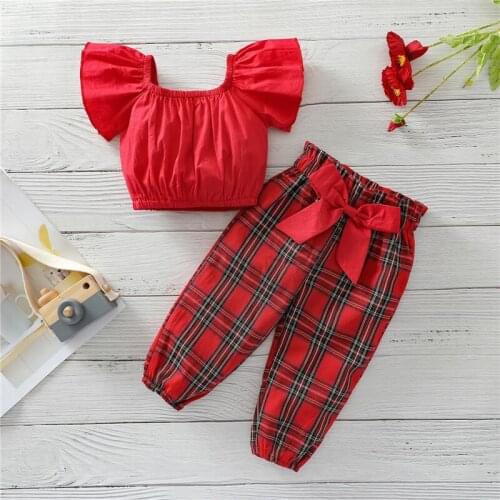 Baby Short Sleeves Long Pants Suit, Newborn Girls Christmas Plaid Clothes Set, Square Collar Outfits with Headband, 0-24Months