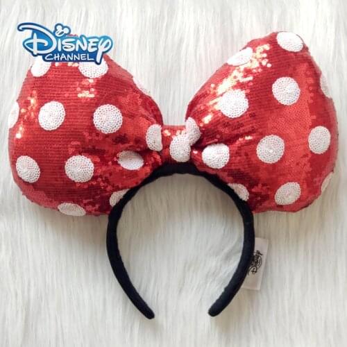 Disney Oversized Sequins Bow Ear Mickey Mouse Red White Dot Headband Disneyland Minnie Ears Headwear Toys Party Decoration Gift