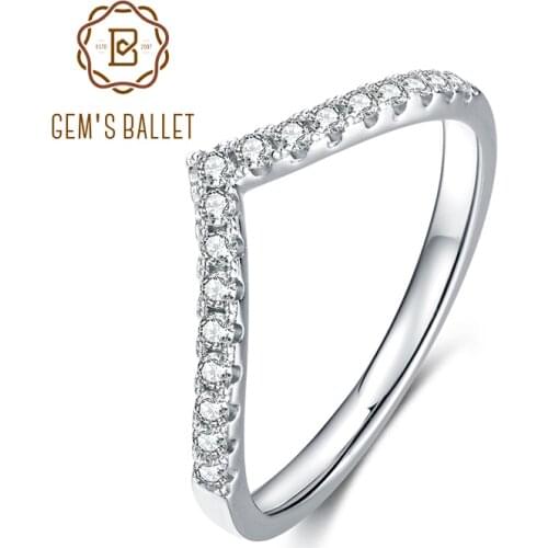 GEMS BALLET 925 Sterling Silver V Shape Stacking Ring 1.5mm Curved Wedding Band Moissanite Rings for Women Finger Ring