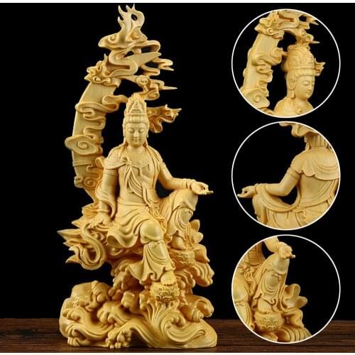 Chinese Carving Crafts Kwan-yin Guanyin Buddha Statue Bodhisattva Sculpture Craft Wood Home Living Room Decor