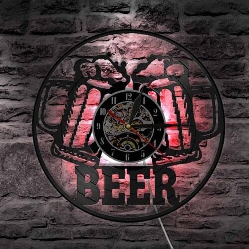Beer Ornament Wall Hanging Party Decor Clock Watch Bar Club Decor Night Light Brewery Art Vinyl Record Wall Clock Gift For Men