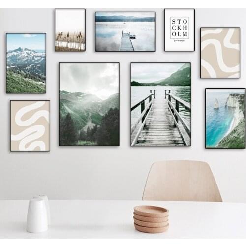 Mountain Sea Bridge Green Forest Landscape Wall Art Canvas Painting Nordic Posters And Prints Wall Picture For Living Room Decor