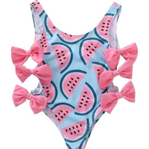 Newborn One-piece Swimsuit 0-4Y Toddler Baby Girl Watermelon Print U-shaped Neck Swimwear Bowknot Hollow Sleeveless Beachwear