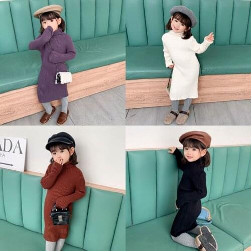 Autumn Winter Girls Sweater Dress Knitted Cotton Casual Turtleneck Long Sweater Dress BB40