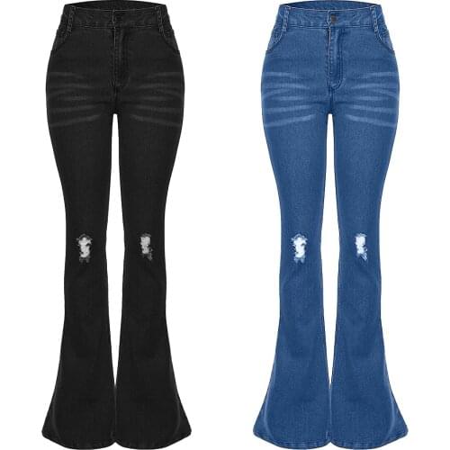 Casual fashion high street womens jeans grind washed white ripped hole high-elastic denim flared womens pants