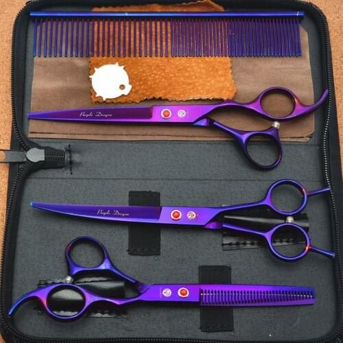 4Pcs Suit 7.0'' Purple Dragon Professional Hair Hairdressing Scissors Comb + Cutting Shears + Thinning + UP Curved Shears Z3002P