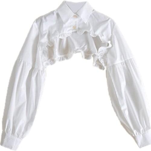 Q1QA Women Puff Long Sleeve Half Top Blouse Ruffled Golden Button Detachable False Fake Collar Sweater Decorative Accessories