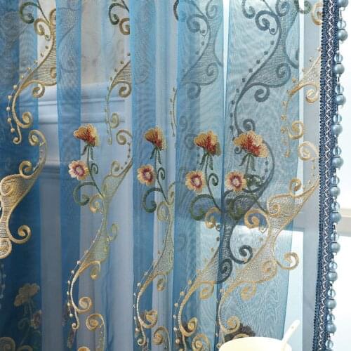 Blue luxury embroidery tulle Curtains for living room bedroom window gold floral curtain sheers home decor