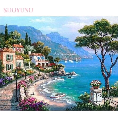 SDOYUNO DIY painting by numbers kits with frame for adults oil Mediterranean seascape acrylic paint set HandPainted home decor