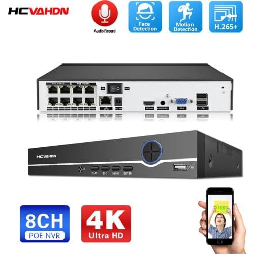 HCVAHDN POE NVR 4K 8MP 8CH Plug & Play 4K Video Recorder 8TB Interfaces 8 POE Port Onvif