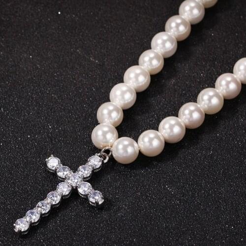 Hip Hop Jewelry New Fashion Charm bling iced out Simple Cross 8-10MM Pearl Necklace for Women Men Party Gifts for Girl