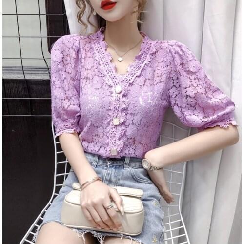 Women V-neck Lace Blouses Shirts Female Short Puff Sleeve Hollow Out Solid Elasticity Tops Blouses Girls 2020 Summer Blouses