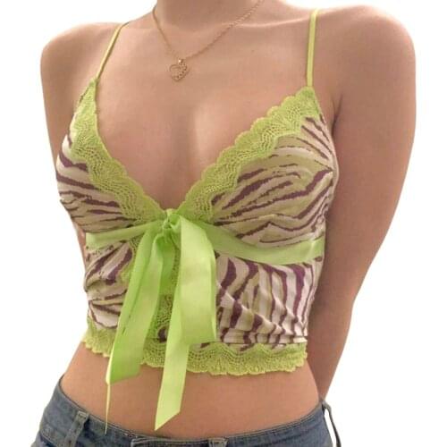 Ladies' Summer Sexy V-neck Camisole Girls' Leopard Printed Lace Cuffs Sleeveless Tops with Ribbons Skinny Street Vests 3 Colors