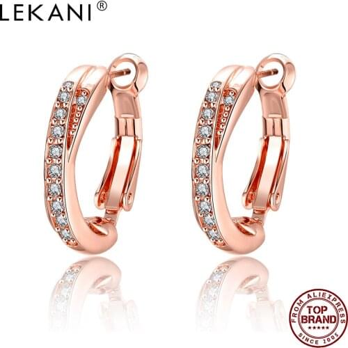 LEKANI Rose Gold Clip Earrings For Women Round 5A Clear Cubic Zircon Female Earring Anniversary Fashion Jewelry Gift On Sale