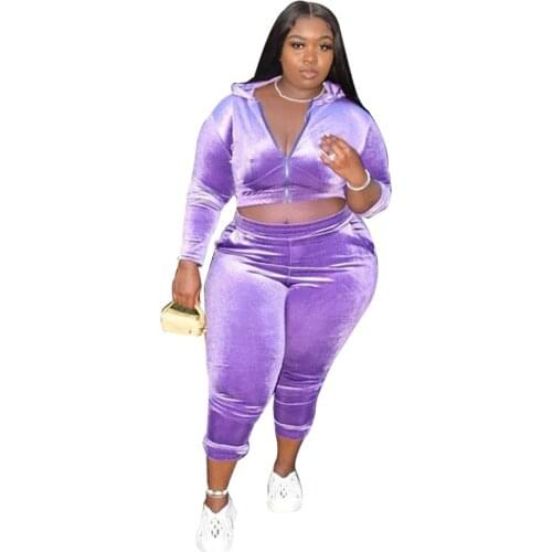 Zoctuo XL-4XL Plus Size Two Piece Set Long Sleeve WomenS Set Velvet Tracksuit Fashion Zipper Hooded Pencil Pants Set Outfits