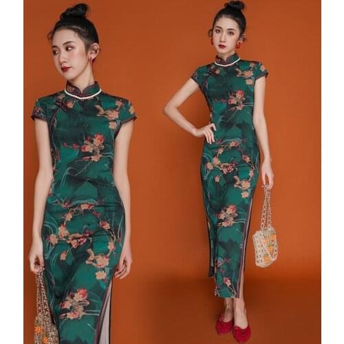Women 2021 Summer New Vintage Floral Print Cheongsam Dress Fashion Elegant Short Sleeve Chinese Clothes Sexy Slim Split Qipao