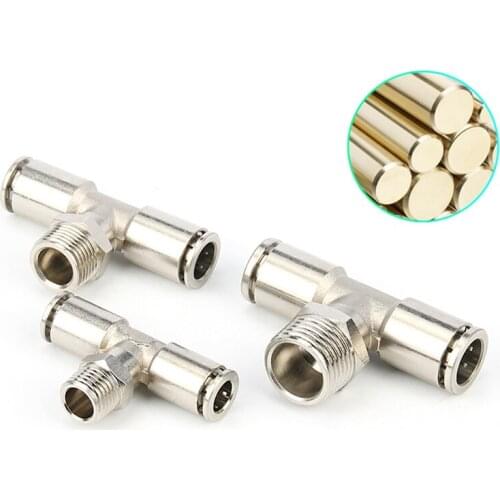 1pc Full copper nickel plated T-type tee docking quick-plug joint PB4/6/8/10 series air pipe pneumatic joint with threaded teeth