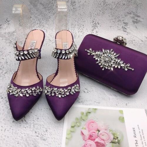 BS1254 Custom Made High Heels Women Slipper Sandals Wedding Shoes Slides Purple Rhinestones Crystal Shoes And Bag Set