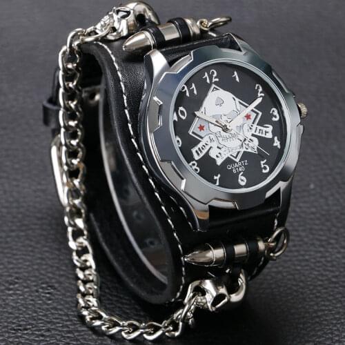Fashion Gothic Style Bracelet Watch Men Skull Bullet Chain Watches Men Leather Strap Analog Quartz Wristwatches Punk Man Watch