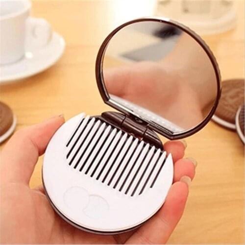 Travel Cute Chocolate Sandwich Biscuit Shaped Portable Folding Pocket Compact Mirror Round Mini Makeup Mirror