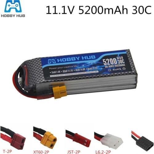 HOBBY HUB Racing 3S lipo battery 11.1v 5200mAh 30C For rc helicopter rc car rc boat quadcopter Li-Polymer battey XT60 Plug