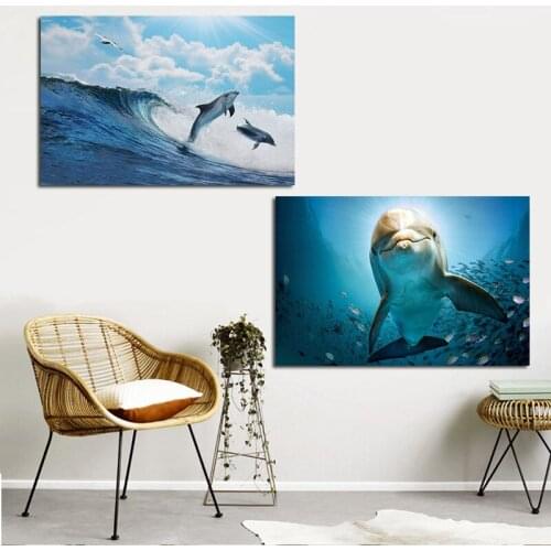 Cartoon Dolphin Animal Canvas Painting Wave Seascape Poster Print Nordic Scandinavian Art Wall Picture For Nursery Kid Room