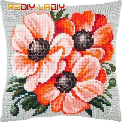 Cross Stitch Cushion Kit Anemones Pillow Case Pre-Printed Canvas Acrylic Chunky Yarn Needlepoint DIY Cross-stitch Arts & Crafts