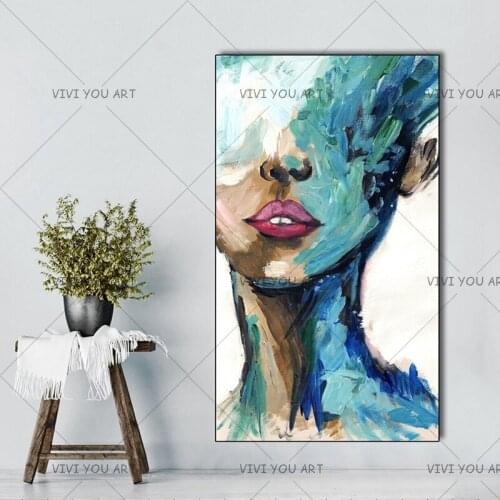 Best Art Handmade Big Cool Girl Oil Painting on Canvas Abstract Blue Face Figure Oil Painting for Living Room Decor Wall Art