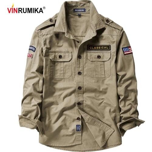 New 2020 Autumn Spring Men Military Casual Style 100% Pure Cotton Khaki Long Sleeve Shirt Male Army green Shirts Black Blue Tops