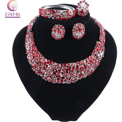 CYNTHIA Nigerian Wedding African Beads Jewelry Sets Red Crystal Necklace Set Silver Plated Jewelry Set Wedding Accessories Party