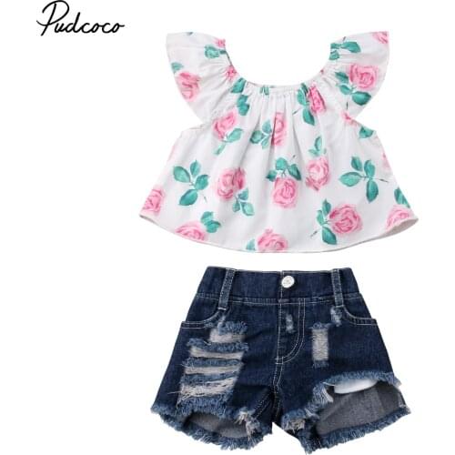 2018 Brand New Toddler Infant Kid Baby Girls Clothes Off-shoulder T-shirt Tops+Denim Ripped Shorts 2Pcs Summer Outfits 6M-4T