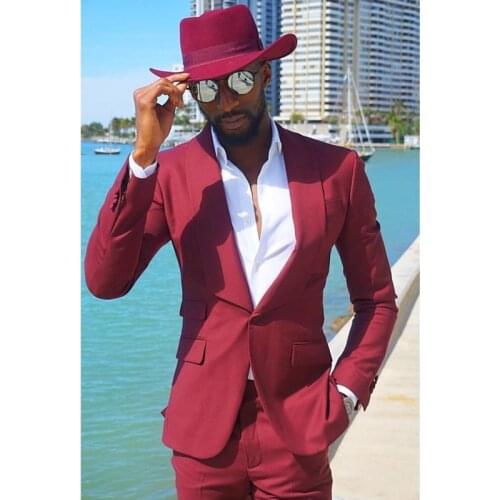2020 Latest Designer 2 Pieces Burgundy Men Suits Slim Fit Shawl Lapel Groom Tuxedos Mens Wedding Prom Suits Groomsman Blazer
