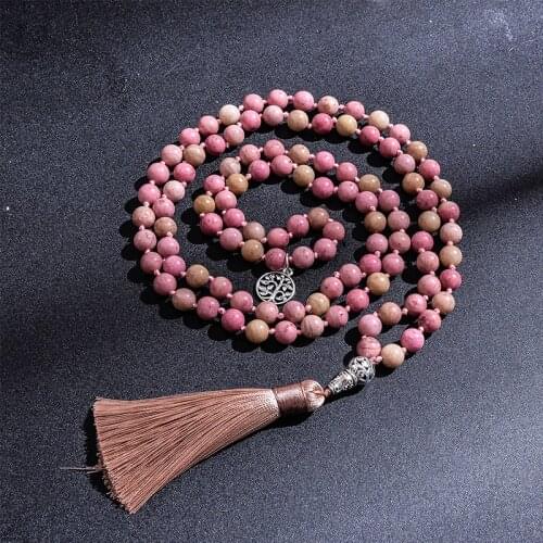 8mm Natural Rhodochrosite Beaded Knotted Japamala Necklace Meditation Yoga Spirit 108 Mala Jewelry with Tree of Life Pendant