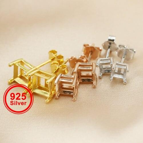 4-6MM Square Solid 925 Sterling Silver Rose Gold Tone DIY Prong Studs Earrings Settings Bezel 1706023
