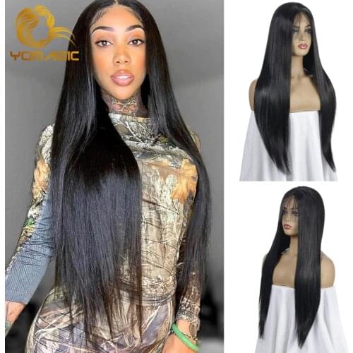 Yomagic Black Color Synthetic Hair 13*5*1 T Part Wigs with Baby Hair Straight Glueless Lace Wigs with Pre Plucked For Women