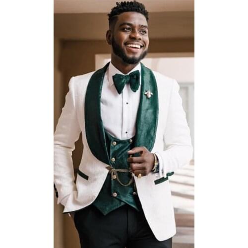 3 Pieces Groom Tuxedo for Wedding African Slim Fit Men Suits White Floral Pattern Jacket Green Velvet Vest with Black Pants 2021