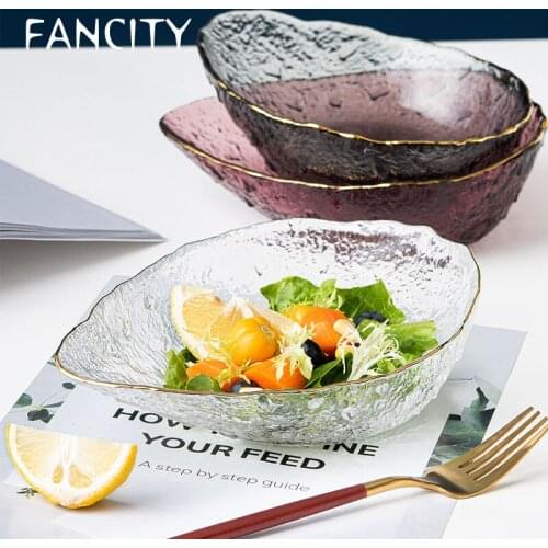 FANCITY Japanese style glass bowl fruit bowl transparent salad plate vegetable bowl household birds nest net red gold rim glass