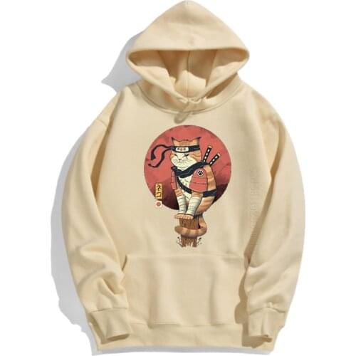 Japanese Cat Who Knows Ninjutsu Male Streetwear Funny Animal Pattern Mens Pullovers Retro Sweatshirt Warm Loose Male
