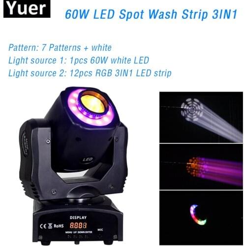 60W Patterns Strip Wash 3IN1 7 Colors + White Professional Moving Head Light DMX 10/12CH Channels DJ Disco Stage Effect Light