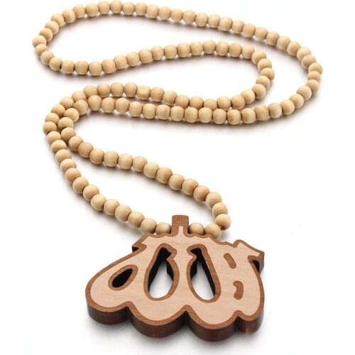 Hip Hop Mens Wooden Allah Necklace For Men Rock Style Long Wood Beads Chain large Pendant Necklace Male Islam Jewelry Gift