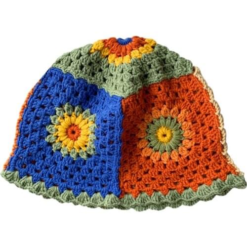 Hollowing-Out Hats in INS Style All Season Bucket Hats 100% Handmade Fisherman Hat Mixed-Color Hand Knitted Cpas