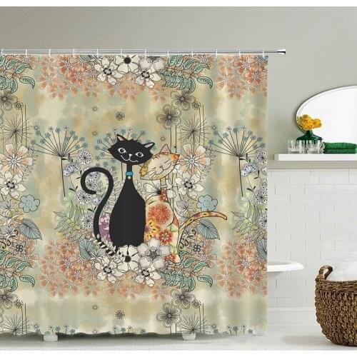 Lovely Cat Polyester Fabric Shower Curtains Home Decor Multi-size Shower Curtains Flower Waterproof Shower Curtains for Bathroom