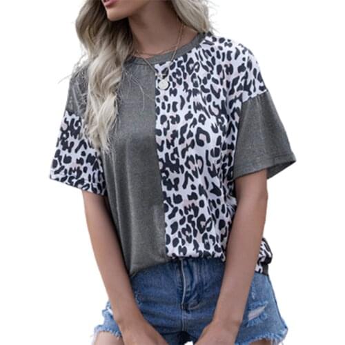 2021 Summer New Female T-Shirt Top Leopard Pattern Splicing Round Neck Short Sleeve Casual Loose Street T-Shirt Female