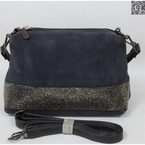 Womens bag, posess store, jb58, rhinestones ribbon, front side natural suede