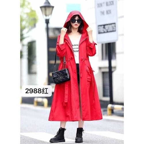 Spring 2020 European Lined Dress Windbreaker Mid-length Temperament Loose Simple Drawstring Waist Hooded Large Size Jacket K317