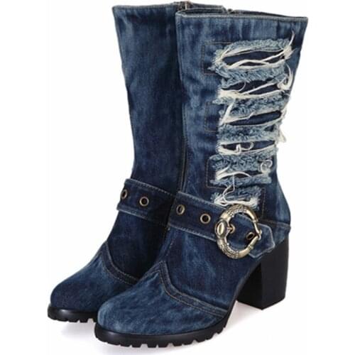2021 Winter Warm Boots Women Denim Boot Platform Chunky High Heel Botas Mujer Jean Riding Boots Shoes Woman Size 42