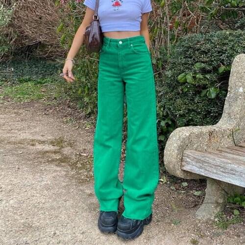 2021 Women Spring Streetwear Jeans Solid Color Mid-Waist Loose Pocket Flare Pants Girls 4 Color Fashion Pants