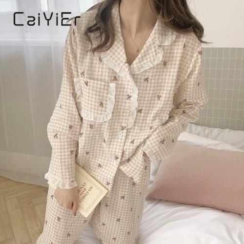 CAIYIER Autumn Winter New Women Pajamas Suit Korea Girl Sweet Lace Cherry Grid Printing Long Sleeve Sleepwear Leisure Trousers