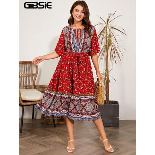 GIBSIE Plus Size Tie Neck Ethnic Print Belted Dress Summer Short Sleeve Vintage Midi Dresses For Women Casual Holiday Boho Dress