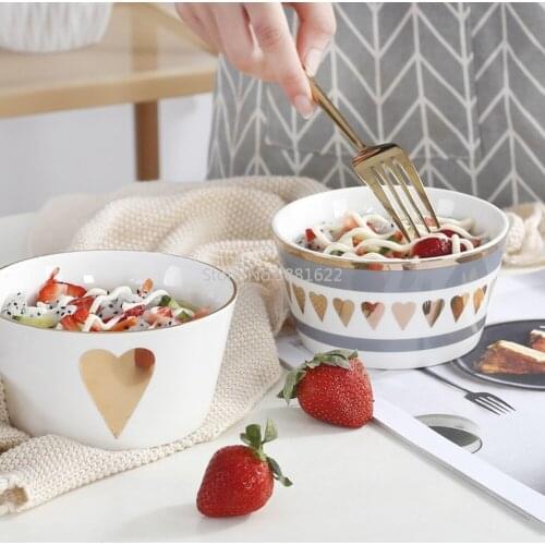 European Style Gold Ceramic Salad Bowl Cereal Rice Soup Mixing Bowl Porcelain Tableware for Dinner High Quality Couples Designs